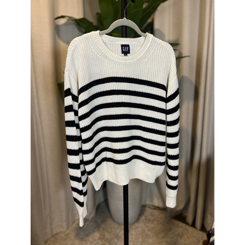 Gap Womens XL Striped Cotton Shaker Stitch Crewneck Sweater Ivory Navy Blue